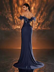 Glamrae 优雅迷人的露肩蓬松袖网眼、珍珠和亮片拼布紧身连衣裙，开衩鱼尾裙，适合婚礼、单身派对、毕业典礼、舞会、正式场合（重型款式）（羽毛袖口）、礼服、晚会、婚礼宾客 - 藏蓝色 - 查看 2