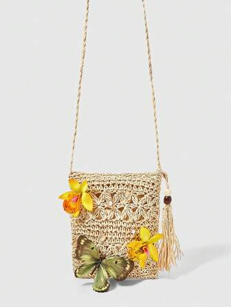 Kawaii 1pc Bohemian Style Beach Bag, Hollow Woven Women Tote Bag With Shell, Fish Tail, Tropical Flower Decorations (Includes DIY Decor Materials)