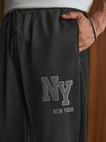 SWAVVY Men's Casual Loose Fit Black Sweatpants With NY Graphic Embroidered Patch, School