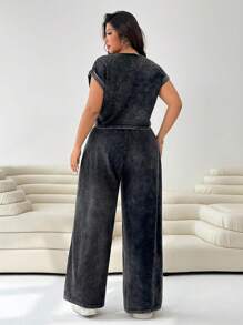 Solflare Plus Size Women 2 Pieces Casual Washed Top And Pants Set, For Summer 2 Piece Lounge Sets Women,Fall,Back To School,Business Casual,Office Outfits,Work,Teacher