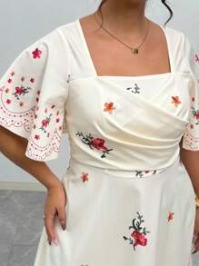 Modelyn Plus Size Women Vacation Square Neck Ruffle Sleeve Floral Print Cinched Waist A-Line Dress - Multicolor - View 6