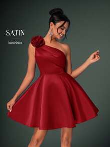 Lovelzi Elegant Luxurious 3D Floral Asymmetrical Neck Ruffle Prom Mini Homecoming Dress, Semi Formal Dress, For Birthday, Wedding Guest, Graduation Party Dress