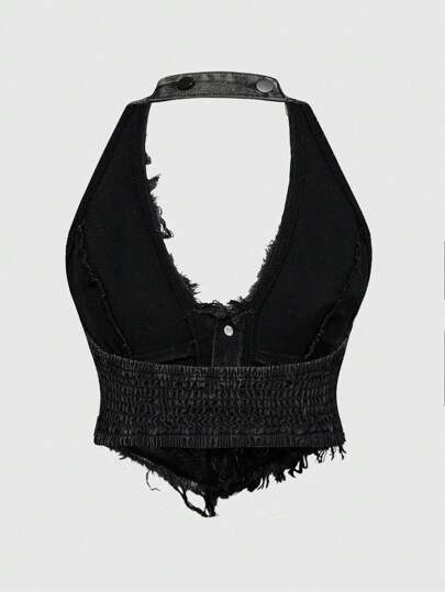 J-Fashion Blouse slim ajustée avec encolure en V déchirée en jean grande taille, style vintage