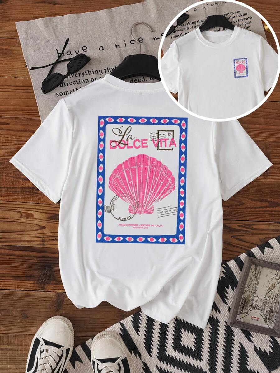 INAWLY Women Crew Neck Shell Print T-Shirt - Casual Crew Neck Top - Lightweight T-Shirt Suitable For All Seasons - White - View 1