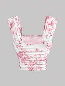 Girlism Chaleco elegante y encantador de ajuste ceñido con cuello cuadrado, estampado floral rosa y blanco, plisado, para adolescentes, ropa de otoño, ropa de Halloween, top de Renacimiento, Feria del Renacimiento
