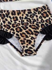 Set di 2 pezzi da bagno per ragazze giovani, costume da bagno da spiaggia e vacanza con stampa leopardata e volant a motivo casuale