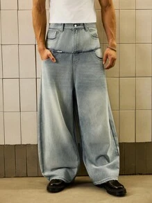 SWAVVY 男士梭织休闲宽松松紧腰纯色直筒裤 - 藍色 - 查看 4
