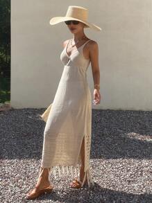 Livesso 女士V领针织镂空抽绳流苏度假罩衫 - 杏色 - 查看 2