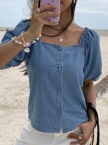DAZY Nouvelle blouse en denim ample et décontractée pour femmes, Top à encolure carrée - Bleu azur - Voir 4