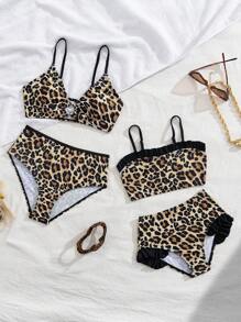 Set di 2 pezzi da bagno per ragazze giovani, costume da bagno da spiaggia e vacanza con stampa leopardata e volant a motivo casuale