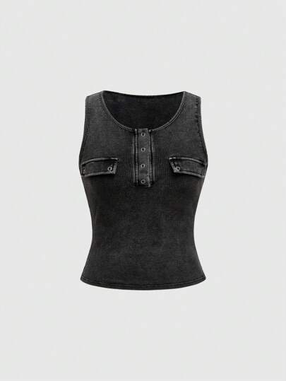 Grunge Punk Top de tirantes para mujer con lavado ácido en gris vintage y negro, ideal para verano, playa, graduación, Pascua, conciertos, vacaciones en Nashville