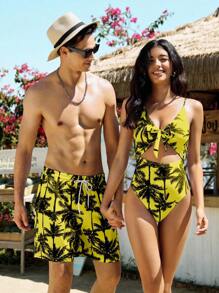 Manfinity VDAYZ Men's Palm Tree Print Drawstring Waist Pocket Beach Shorts (Print Messy Cut), Hawaiian - Multicolor - View 5