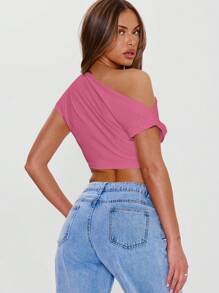 MUSERA Asymmetrical Neck Cropped Draped Ruched Fitted Top Only Sexy Ibiza Fits Spring Summer Vacation Beach 90's Y2k Holiday Summer Cute Summer Tops Sexy Club Festival Asymmetrical Shoulder Tops Fall - Hot Pink - View 2