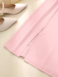 Women's Round Neck Elegant High-End Fashion Commuter Solid Color Slit Dress (With Belt) - Pink - View 5