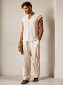 GENTILAND Men's V-Neck Pom Pom Trim Textured White Top - Lightweight, Bohemian Resort & Beach Essential! Men's Casual V-Neck Comfortable Tank Top, Suitable For Party, Beach, Daily. Men's Top, White V-Neck Top Men, Summer Breathable Tank Top Men, Textured Fabric Top Men, Pom Pom Trim Top Men, Ball Fringe V-Neck Top Men, Resort Wear Men's Top, Beach Style Sleeveless Shirt Men, Bohemian Style Men's Top, Lightweight Men's Top, SS25 New Men's Top, Men's Casual Sleeveless T-Shirt, White Linen-Look Top - White - View 4