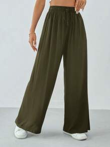 SHEIN Tall Women Spring/Summer Casual Solid Color Drawstring Wide Leg Pants,Cargo Pants - Army Green - View 4