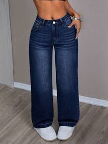 SHEIN PETITE Quần Jeans Denim Thời Trang Thường Ngày Màu Xanh Trang Trí Túi Cho Nữ, Mùa Hè - Màu xanh lam - Xem 4