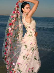 ZEYLAH 女士优雅派对 3D 花朵网眼刺绣不对称领口连衣裙 - 杏色 - 查看 14