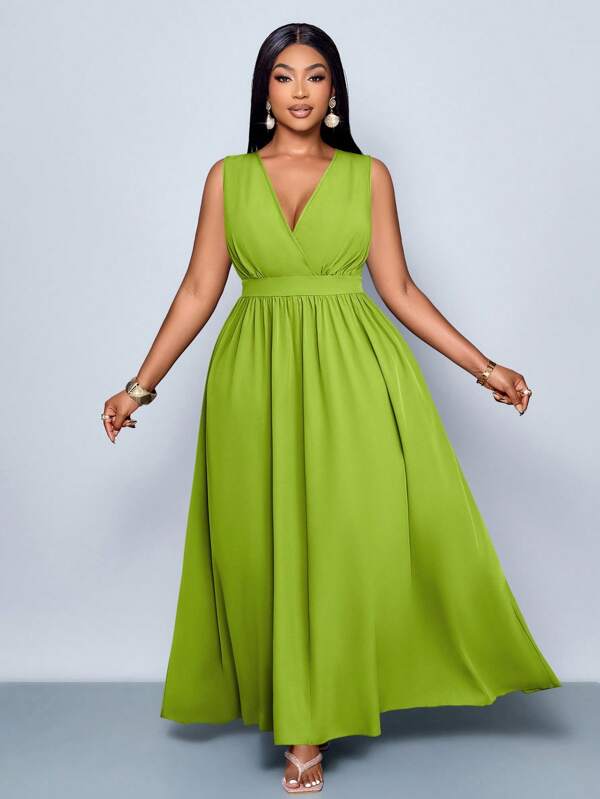 Maweii Plus Size New Spring And Summer Fashion Solid Color Cross Deep V Neck Long Casual Loose A-Line Dress, Simple Clothing For All Seasons, Casual Loose Long Skirt, Daily Commuting Travel Seaside Holiday Casual Dress