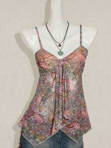 SHEIN ICON Y2k Style d'été vintage hippie occidental boho, robe femme nonchalante d'été pour les vacances, style imprimé cachemire, buste froncé, ourlet asymétrique, cache-cœur en mesh - Multicolore - Voir 8