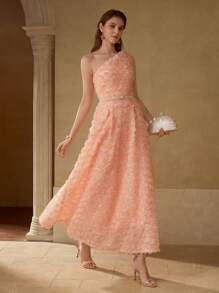 MOTF PREMIUM MESH STEREO FLORAL ASYMMETRICAL NECK DRESS - Coral Pink - View 5