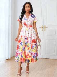SHEIN LUNE 女式花卉印花翻领短袖系带A字连衣裙，春夏 - 彩色 - 查看 3