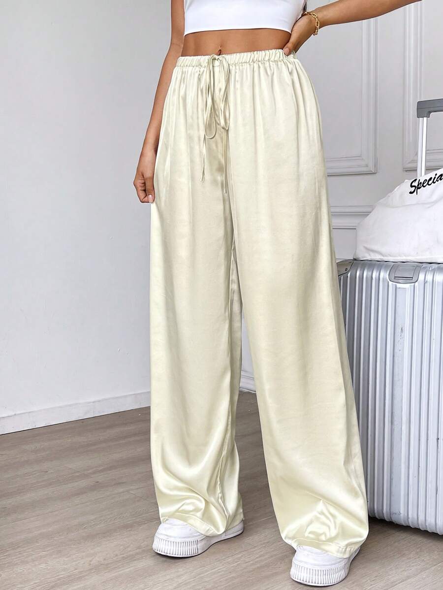 SHEIN LUNE Plus Size Satin Twill Wide Leg Pants, Casual And Suitable For Commuting Cream Pants Silk Pants Summer Pants Casual Comfortable And Versatile - Apricot - View 1