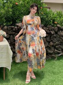 DAZY Đầm Maxi Đi Nghỉ Tay Phồng Họa Tiết Hoa Phong Cách Bohemian Cho Nữ - Nhiều màu - Xem 3