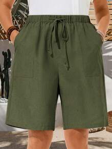 EMERY ROSE Bermudas de verano de unicolor para mujer talla grande, unicolor, con bolsillos laterales, sueltas, hasta la rodilla, cintura media, estilo básico de moda - Verde militar - Ver 4