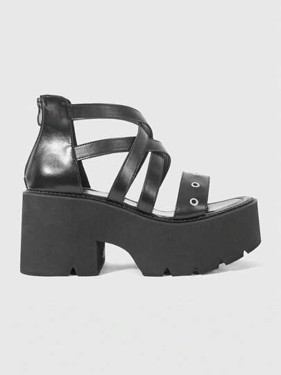 Goth 1. Sandalias negras casuales con plataforma de estilo romano vintage para mujer 2. Sandalias de mujer con tacón alto de suela gruesa, estilo punk gótico, con correa cruzada y cremallera trasera