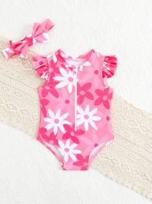 新生儿花卉印花连体泳衣（带头带）