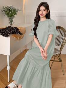 DAZY Đầm dài tay bồng màu trơn dáng suông dành cho nữ, thích hợp cho mùa hè và lễ Phục sinh. - màu xanh lá - Xem 2