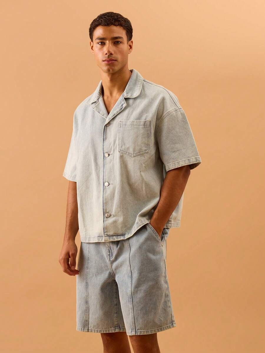 Musero 男士短袖纽扣牛仔衬衫，前袋设计，适合夏季、春季、假日度假穿着 - 藍色 - 查看 1