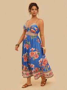 Travachic Váy in hoa nhiệt đới thường ngày cỡ lớn cho nữ, phong cách Bohemian ngày lễ - Màu xanh lam - Xem 5