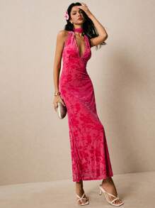 Poéselle Flocked Jacquard Material Halter Elegant Dress,Women Birthday Outfit - Hot Pink - View 6