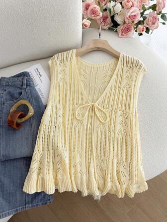 SHEIN Privé 大码女式镂空无袖针织开衫，舒适休闲波西米亚风格，适合海滩度假，春夏季夏装女装夏季套装女装女装夏季衬衫黄色衬衫