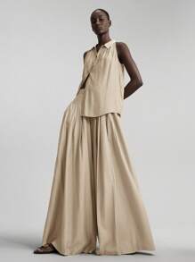 Ontre 2 件套女士度假风格套装，羊毛混纺人造丝材质芥末黄无袖翻领衬衫和阔腿裤套装，百搭 2025 年春夏新品