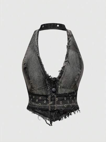 J-Fashion Blusa de denim ajustada con cuello en V, lavado vintage y borlas