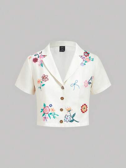 SHEIN MOD 女式复古纽扣花卉短袖衬衫，夏季，图案，海滩，度假，西部女装，毕业，乡村音乐会，休闲