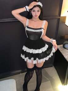DAZY 性感女士内衣套装包括透明网眼蕾丝头带、睡袍、丁字裤、蕾丝袖口、角色扮演服装 - 黑色 - 查看 6