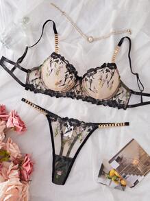SHEIN Esselle Bộ đồ lót ren thêu hoa lụa 2 mảnh trang trí áo ngực và quần lót gợi cảm cho nữ - màu đen - Xem 5