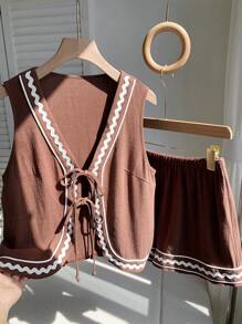 Comfortcana 波西米亚拼色 V 领系带短款开衫和短裤套装，加大码，度假风格 - 棕色 - 查看 4