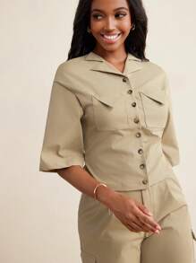 GYD studio Light Khaki Oversized Short Sleeve Pocket Button Casual Tops Women's Business Casual Blouses Summer Short Sleeve Shirt, Office
