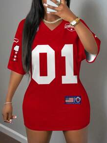 Slaydiva Casual Sports Style Number Badge Applique Mini Dress For Women, Suitable For Summer And Athletic Season,Summer Dresses For Women Chic Dress - Multicolor - View 4