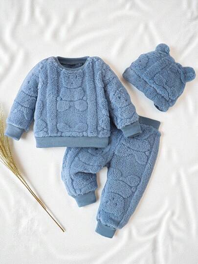 SHEIN Vintaside Kids 3 件装男婴中性款白色毛绒熊提花针织运动衫、运动裤和熊耳帽套装，温暖舒适，适合秋冬季