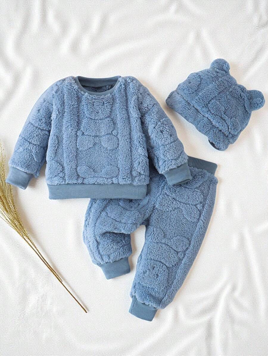 SHEIN Vintaside Kids Bộ 3 áo nỉ dệt kim gấu bông màu trắng Unisex cho bé trai, quần nỉ và mũ tai gấu, ấm áp và thoải mái cho mùa thu/đông - Màu xanh lam - Xem 1