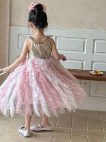 DAZY Young Girls Ombre Color-Changing Floral Print Mesh Puff Dress,Girls Summer Outfits - Pink - View 8