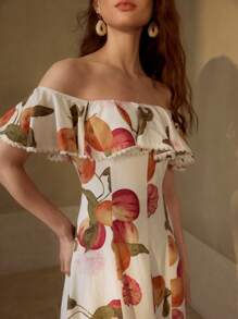 MOTF PREMIUM LINEN FLORAL PRINTED OFF-SHOULDER DRESS - Multicolor - View 3