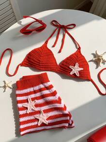Comfortcana European Summer Beach Outfits American Flag Bikini 2pcs/Set Women Starfish Decoration Sleeveless Top And Striped Knit Shorts