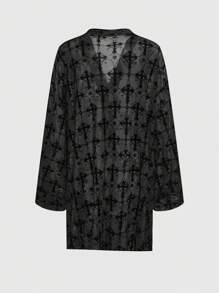 ROMWE Goth 哥特式网眼天鹅绒燃烧花朵十字玫瑰长袍